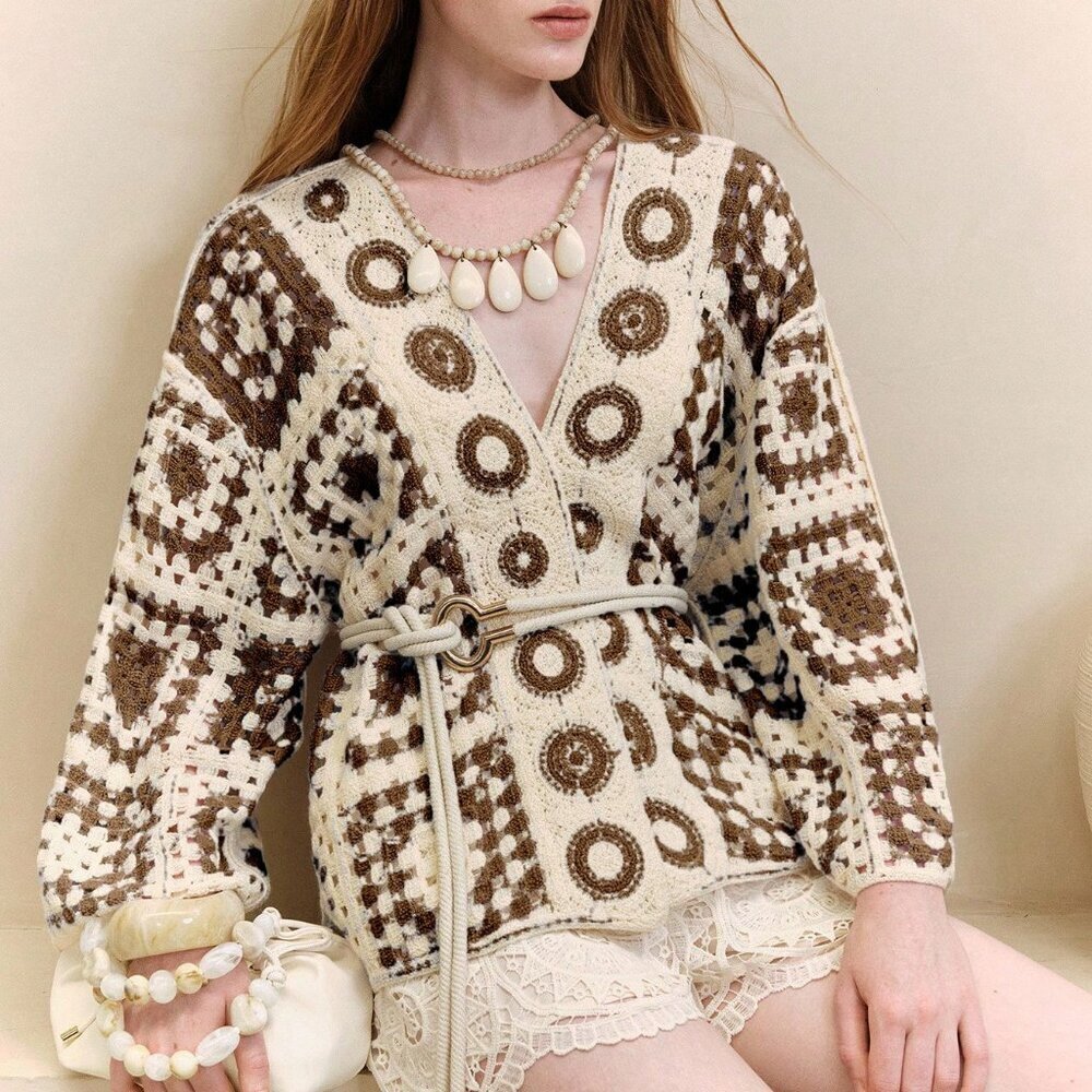 Coffee Brown Casual Women's Geometric Crochet Dolman Sleeve Cardigan